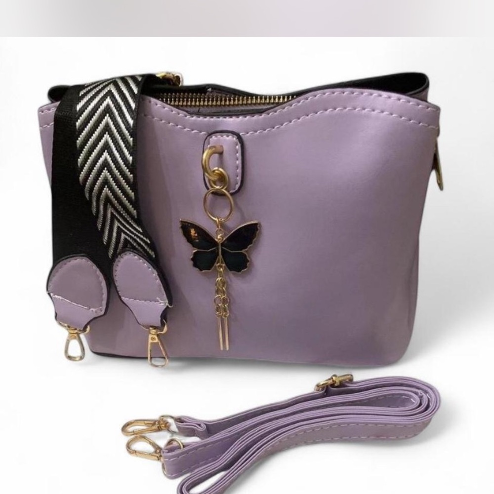 Purple and Black Crossbody Bag with Butterfly Charm